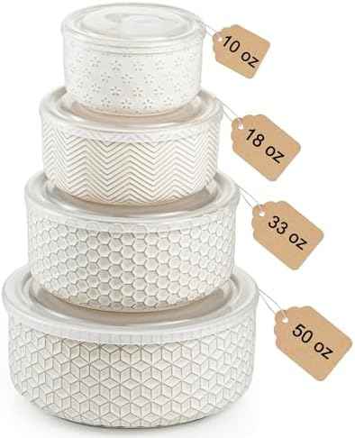 Serving Bowls with Lids, Ceramic Nesting Bowls Set of 4, Off-White
