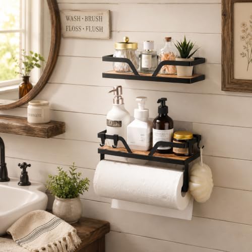 Paper Towel Holder with Shelf - Kitchen Spice Rack Organizer Wood