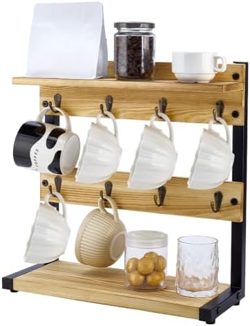 PH PandaHall Rustic Mug Holder Stand 2 Tier Wood Countertop Rack