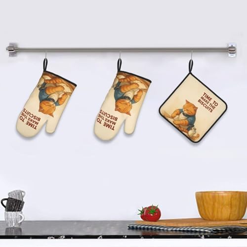 Cute Cat Oven Mitts and Pot Holder Set