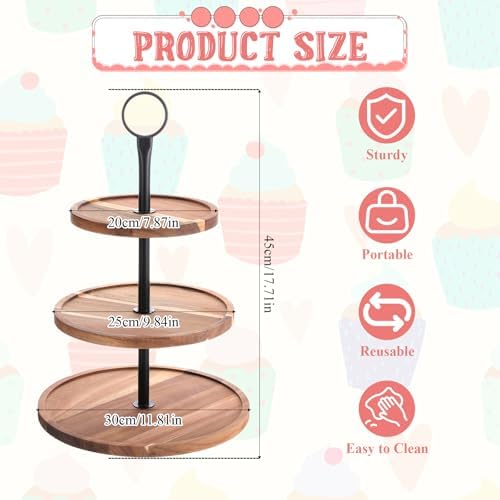 3 Tier Cupcake Stand, Round Wooden Cupcake Display Stand with Metal
