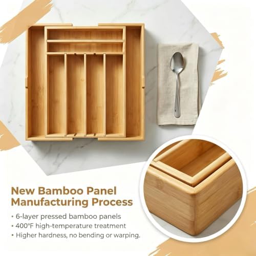 Bamboo Kitchen Silverware Drawer Organizer (DIY Slot, Natural)