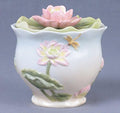 US 6 Inch Pale Blue and White Glazed Porcelain Pink Lotus Sugar Bowl