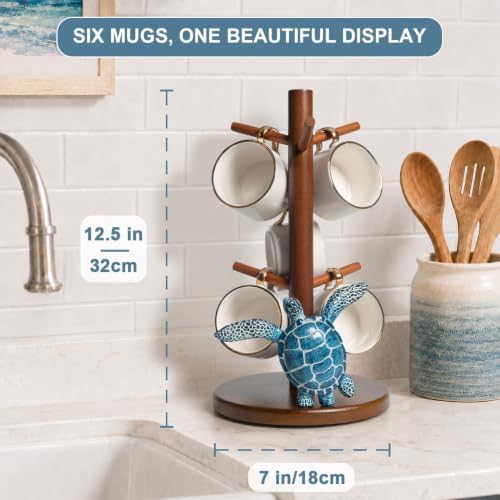Sea Turtle Decor Wooden Mug Tree Cup Stand Beach Ocean Coastal Home