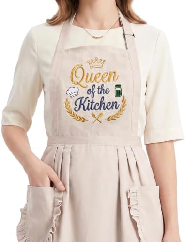 Elife Embroidered Apron,Ruffle Kitchen Cooking Apron with Pockets for