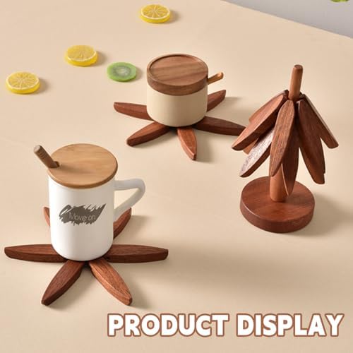 Natural Foldable Black Walnut Wooden Trivet Set - 4 Trivets + 1 Stand