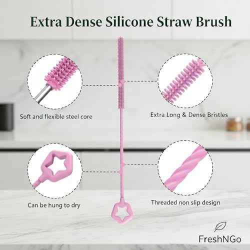 FreshNGo 4-Pack Silicone Straw Cleaner Brush for Tumbler, Pink