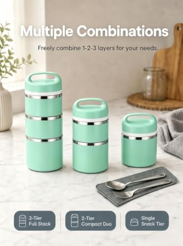 Lille Home Stackable Stainless Steel Thermal Lunch Box, 43OZ/1.38L