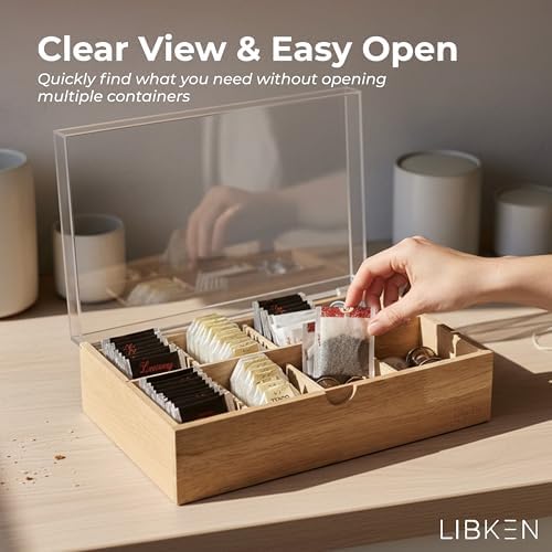 LIBKEN Wooden Tea Bag Organizer Box – 8 Compartment Tea Storage with
