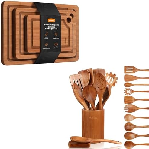 12-Piece Wooden Spoon Set with 3-Piece Bamboo Cutting Board