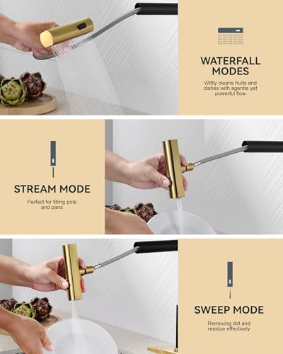 Black and Gold Waterfall Kitchen Faucet with Pull-Down Sprayer
