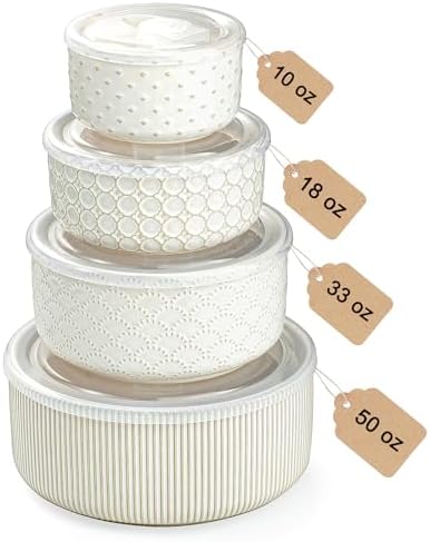 Serving Bowls with Lids, Ceramic Mixing Bowls Set of 4, Off-White