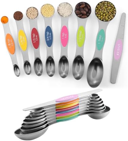 ChefAide Set of 8 Magnetic Measuring Spoons, Stainless Steel, Dual