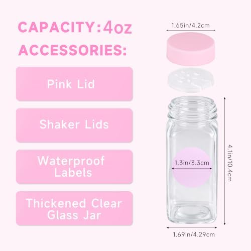 6 Pcs Glass Spice Jars with Label, 4oz Pink Airtight Seasoning
