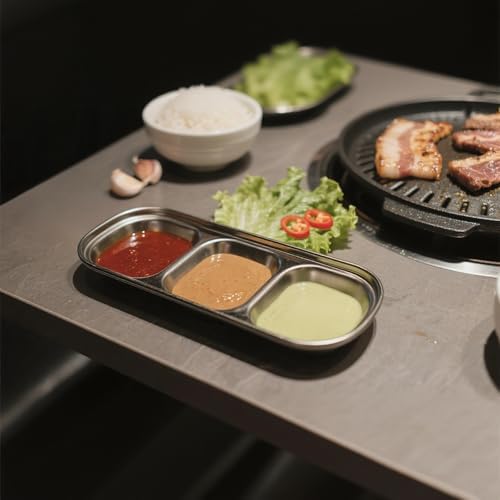 6 Pcs Soy Sauce Dish Stainless Steel 3 Compartment Korean Sauce Plate