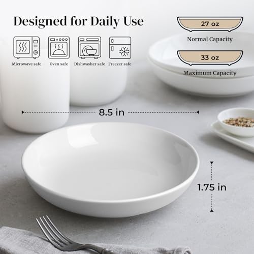 DOWAN 8.5" Pasta Bowls, 32oz Salad Bowls Set of 6, Natural White