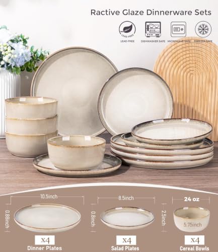 GBHOME Dinnerware Sets for 4, 12 Pieces Ceramic Plates and Bowls Set