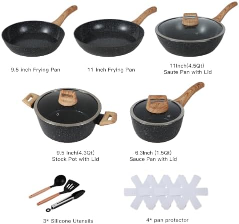 Ceramic Cookware Sets 15PCS Pots and Pans Set Non Stick (black15)