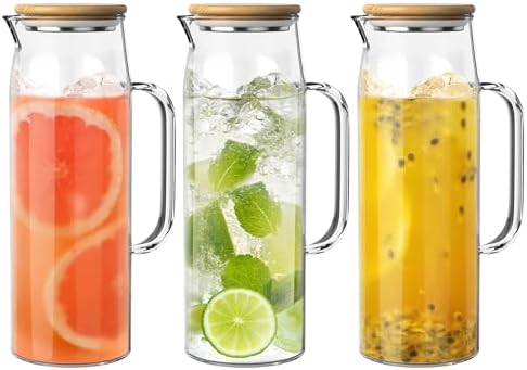3 Sets Glass Pitcher with Lid, 50 oz / 1500 ml Water Carafe with