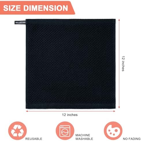Kitchen Towels 6-Pack Kitchen Dish Cloths,100% Cotton,12x12 In,Black