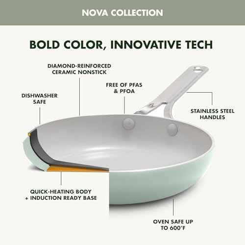 GreenPan Nova 10-Piece Nonstick Cookware Set, PFAS-Free Ceramic Pots & Pans with Silicone Cooking Utensils, Durable Fast Heating, Induction Ready, Oven Safe to 600°F, Dishwasher Safe, Pistachio Green