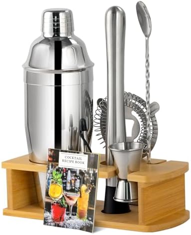 ZPUFAW 8-Piece Cocktail Shaker Set with Wooden Stand Bartender Kits