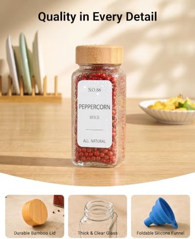 24 Pack Glass Spice Jars: 492 Lables & Pepper Grinder & Bamboo Lids