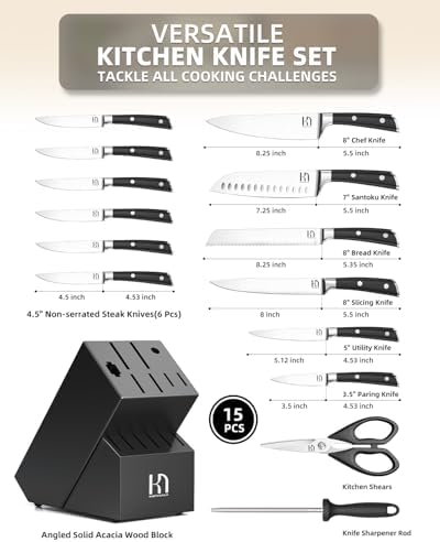 KnifeSaga 15-Piece Knife Block Set with Sharpener