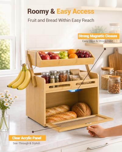 Bread Box for Kitchen Countertop, Bamboo Bread Storage with Fruit Basket