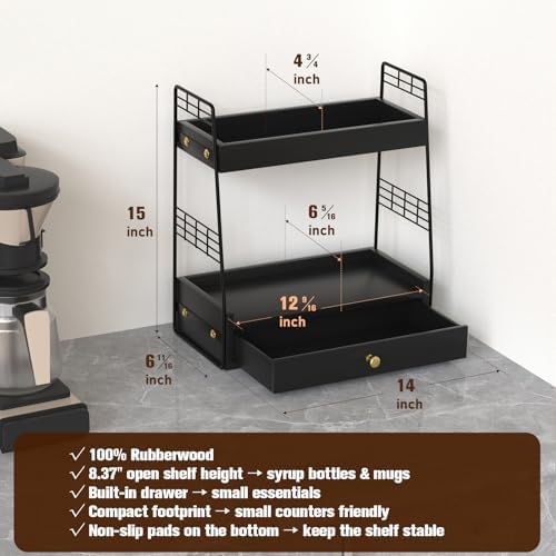 Coffee Bar Station Organizer with Drawer, 2-Tier Countertop Shelf