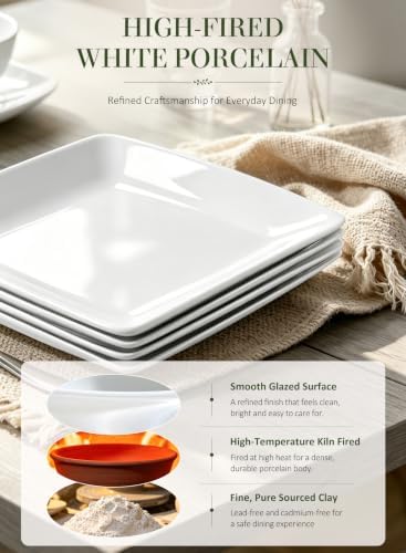 Porcelain Square Dinner Plates, 10.75 Inch White Plates, Set of 4