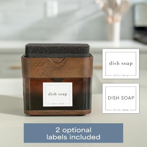 S&T INC. Dish Soap Dispenser and Sponge Holder, Walnut and Amber