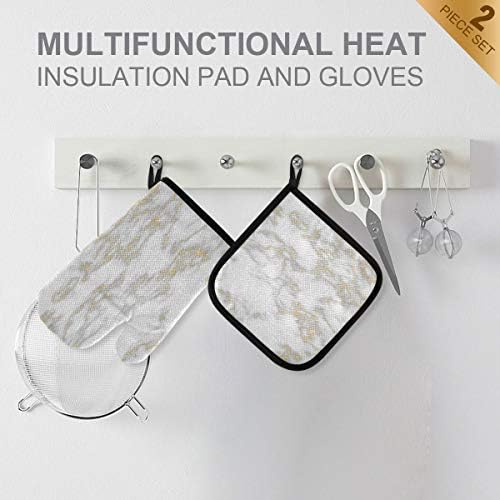 QMXO Gold Line Marble Texure Oven Mitts Quilted Cotton Lining