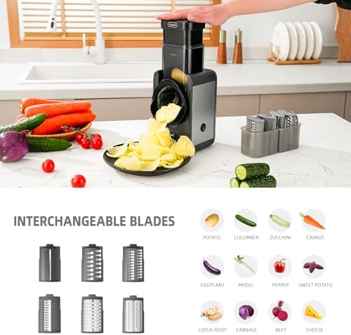 Electric Cheese Grater with 6 Stainless Steel Blades, Dark Grey