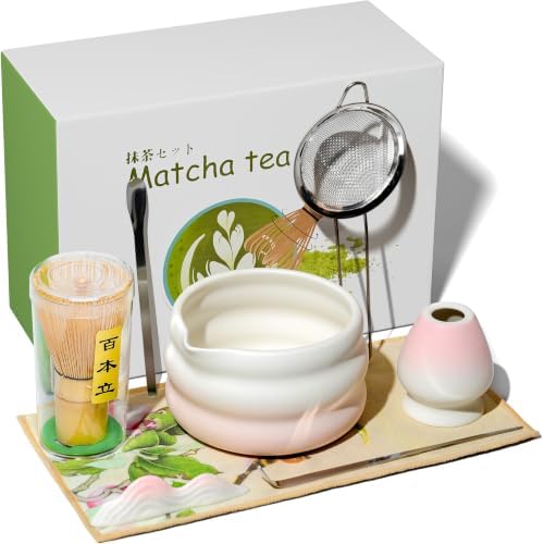 Matcha Whisk Set, 8 Pcs Matcha Kit with Ceramic Bowl, Gradient Pink
