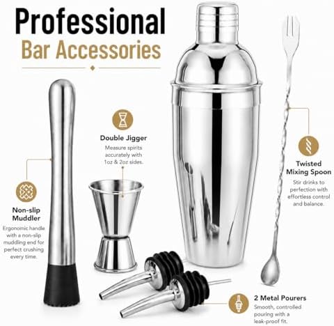 Cocktail Shaker Set, 6-Piece 18/8 Food-Grade Stainless Steel Mixology