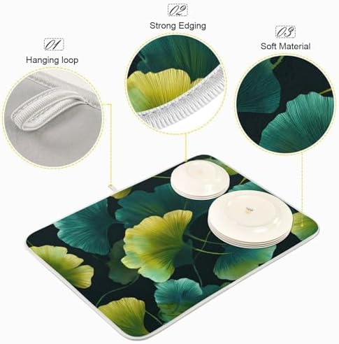 OTVEE Golden Foliage Art Dish Drying Mat for Kitchen Counter Absorbent