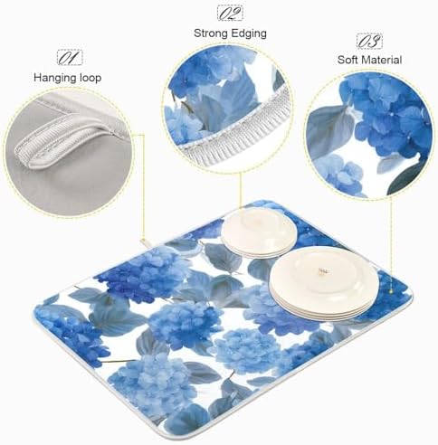 OTVEE Elegant Hydrangea Flower Art Dish Drying Mat for Kitchen Counter