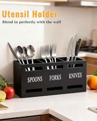 Kitchen Utensils Holder for Counter, Wooden Utensil Organizer for Storage Cooking and Silverware, Black Cooking Utensil Storage Box for Countertop,Wood Organizer with 3 Compartments,Rustic Minimalist.
