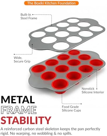 Boxiki Kitchen Non-Stick 12 Cup Silicone Muffin Pan with Steel Frame