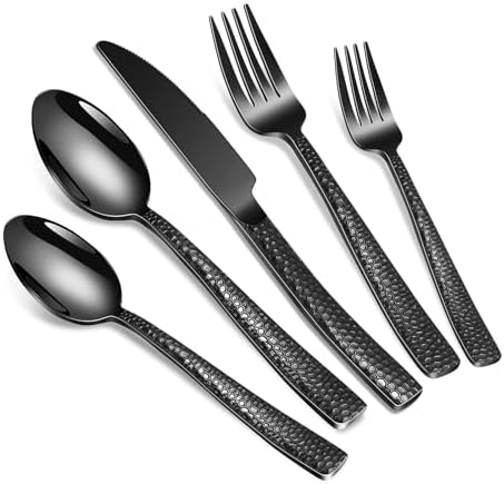 20-Piece Black Silverware Set, Stainless Steel Hammered Flatware Set