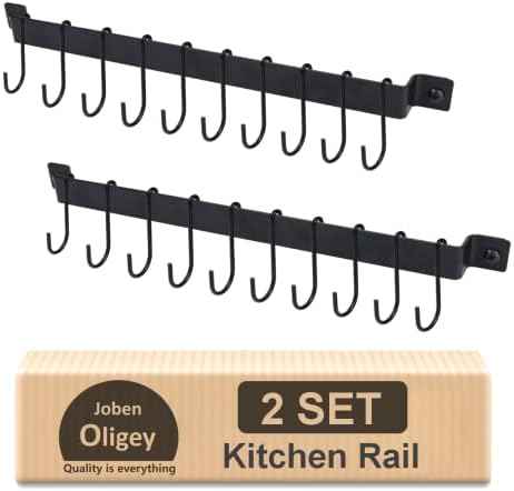 Joben Oligey Utensil Holder, Kitchen Rail With 10 Hooks, Pots and Pans Organizer Hanger, Wall Mounted Wrought Iron Hanging Black 17 Inch for Coffee Mug Rack Cup Hanging, Set of 2