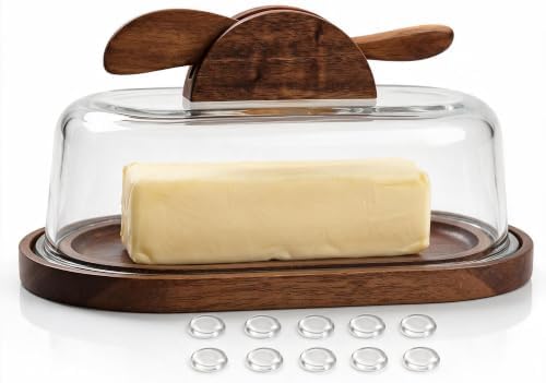 Glass Butter Dish with Lid & Knife, Acacia Wood Base