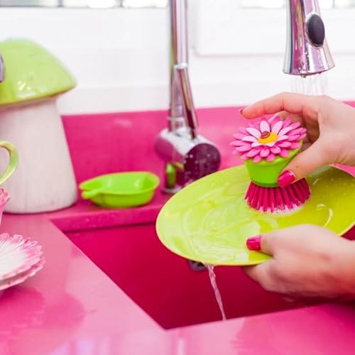 Vigar Flower Power Palm Dish Scrub Brush Holder, Pink, Green