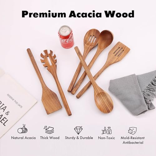 Acacia Wood Utensils Set - Handmade Wooden Spoons for Cooking, 6-Piece