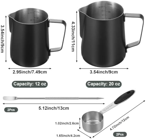 2 Pack 12oz & 20oz Milk Frothing Pitcher Stainless Steel Black for