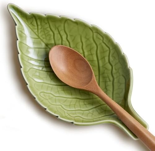 Green Ceramic Leaf Spoon Rest for Stovetop & Kitchen Counter, 1-Pack