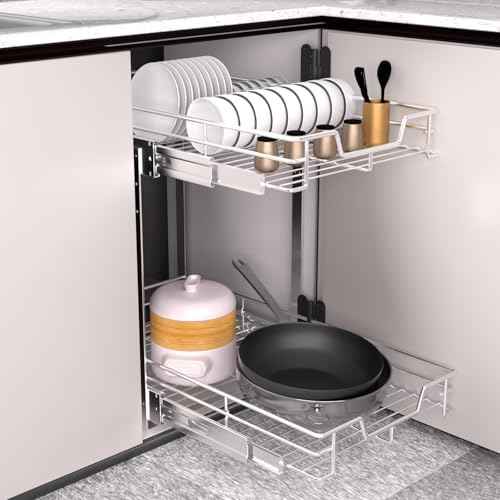 EZKAZA Pull Out Cabinet Organizer 20.5" W x 21" D, 2-Tier Kitchen Cabinet Pullout Shelf and Drawer Organizer Slide Out Pantry Storage Basket, 19.2" W x 21" D x 2.4" H for Bottom Basket Size