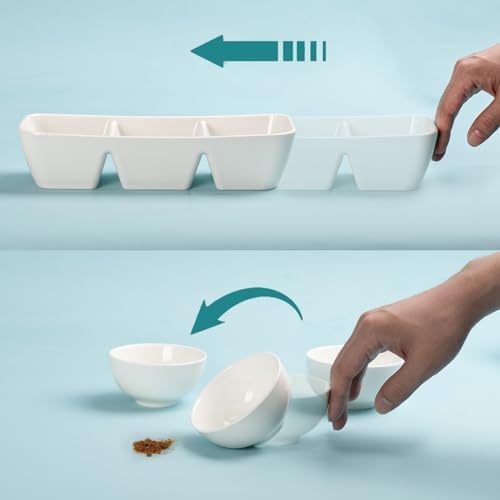 Ceramic Divided Serving Tray 11 Inch, 3 Compartment White Condiment Tray Set of 2, Stackable Chip and Dip Serving Dish for Entertaining, Appetizer Snack Platter for Party Holiday Game Day