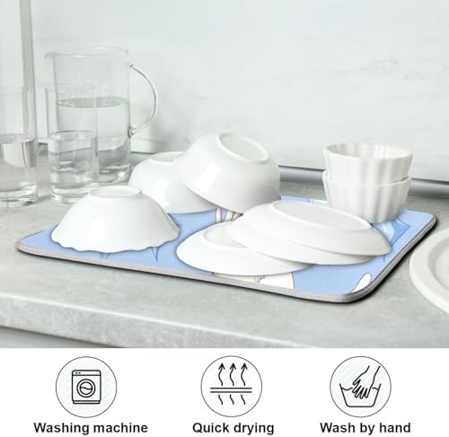 OTVEE Blue Bunny Art Dish Drying Mat for Kitchen Counter Absorbent